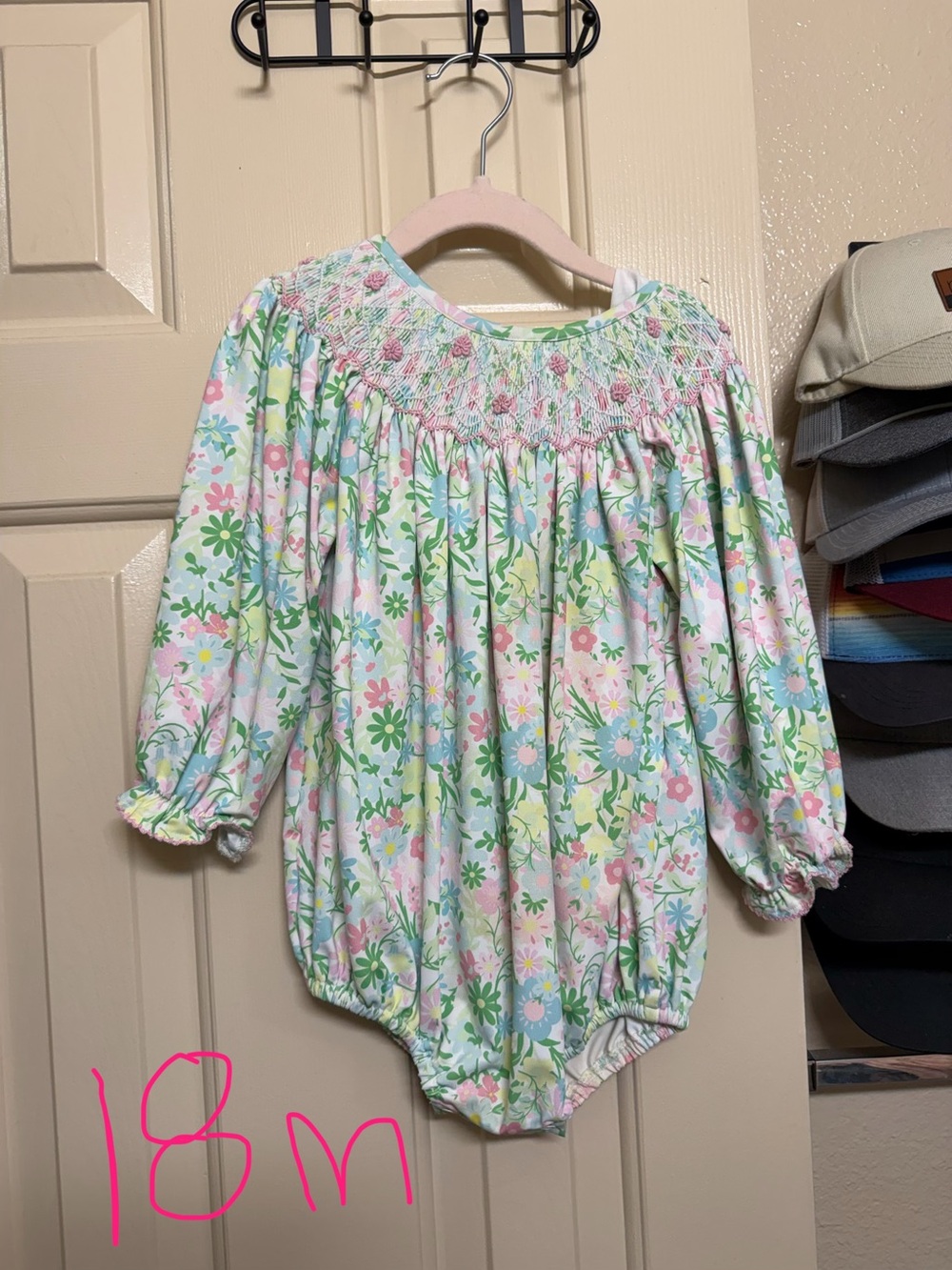 Smocked Floral Baby Romper in Pastel Pink & Green